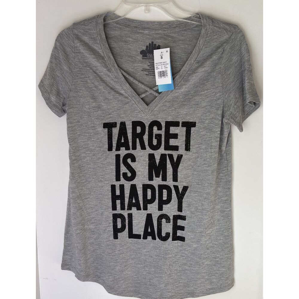 Target Is My Happy Place Heather Gray V Neck Polyester/Rayon Woman's S T-Shirt